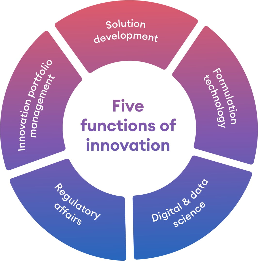 Five functions of innovation: solution development, formulation technology, digital & data science, regulatory affairs, innovation portfolio management.