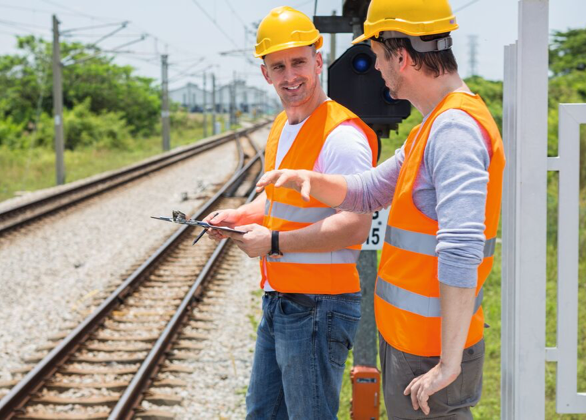 Men talking next to railroad tracks