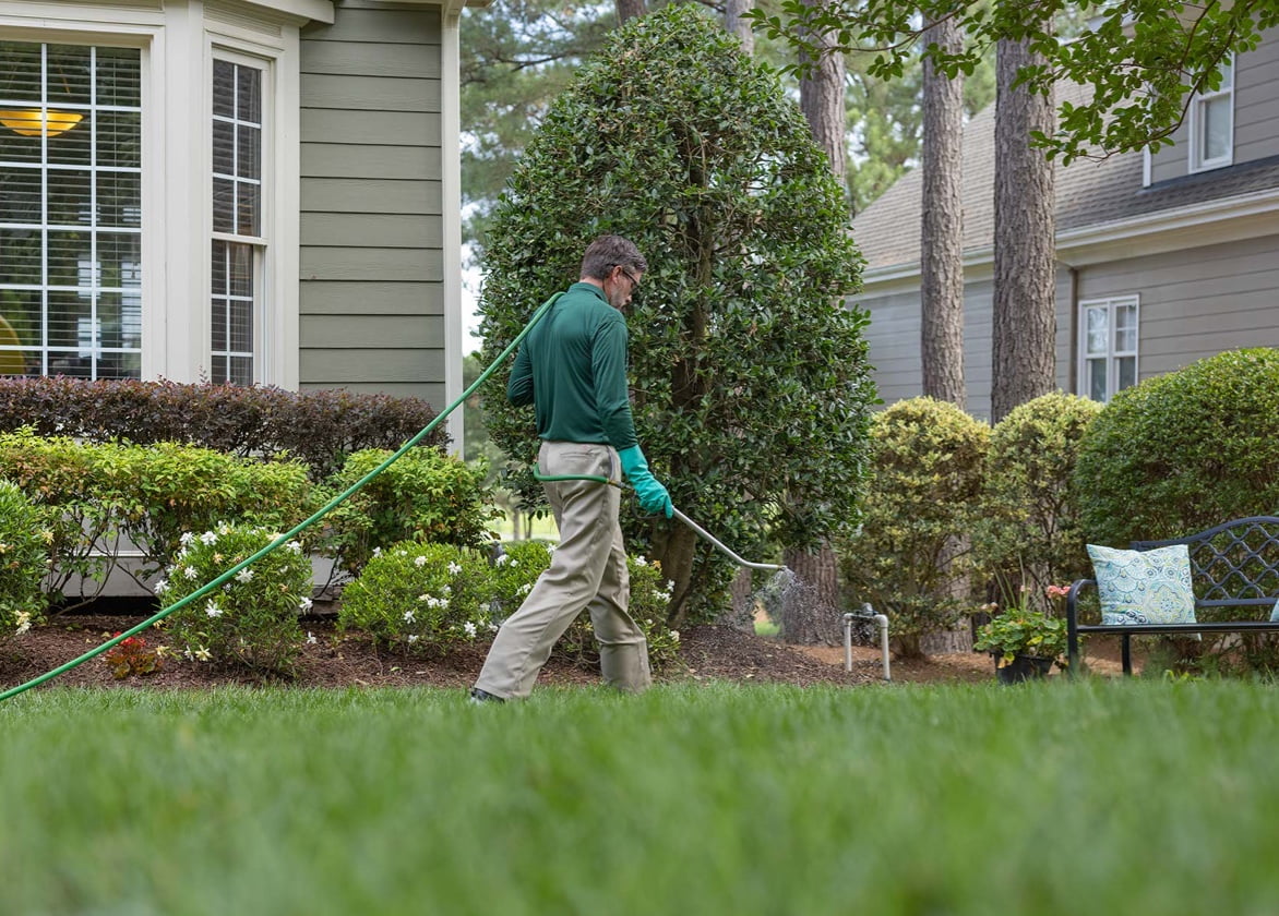 A person watering a manicured lawn with a hose. 