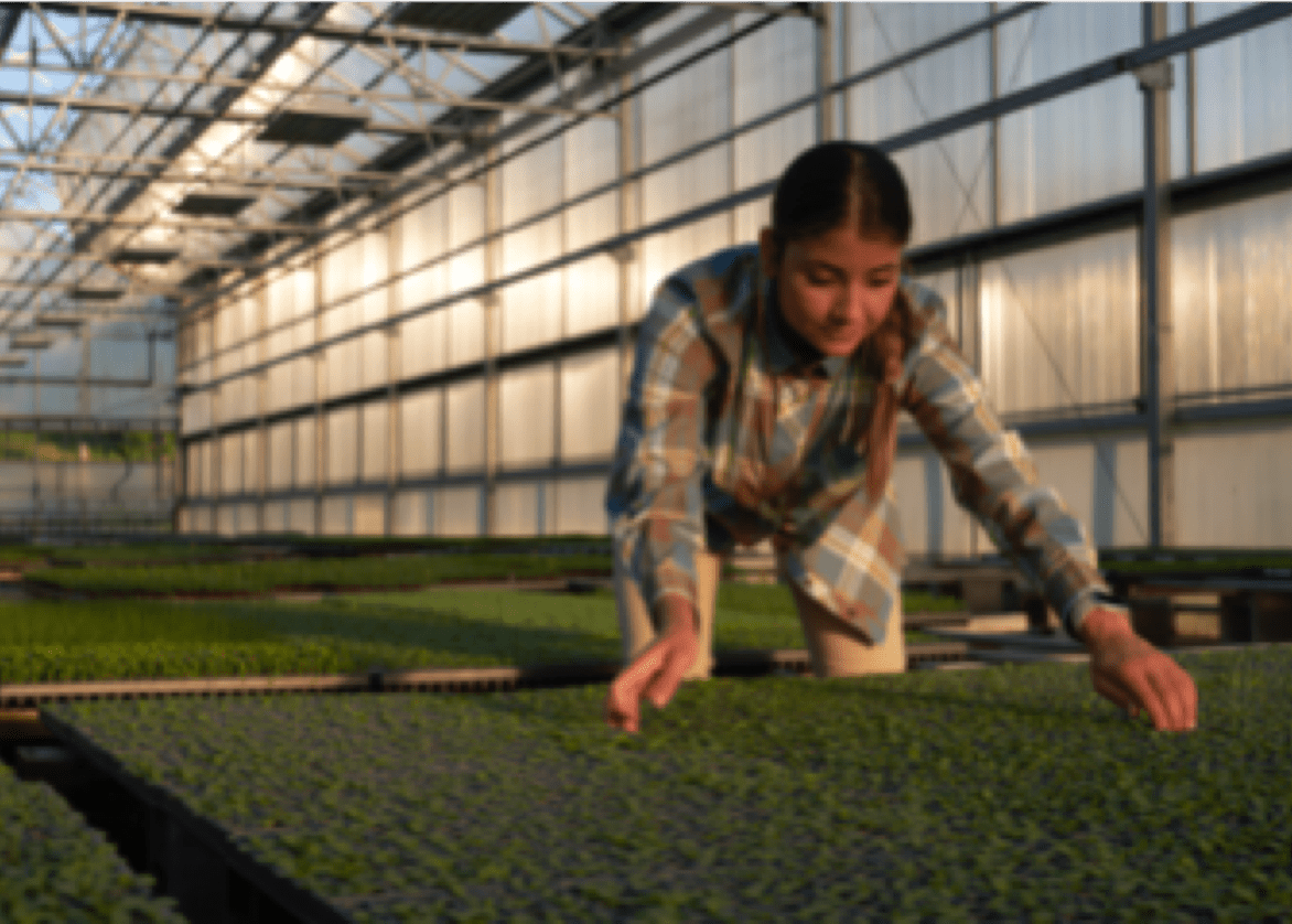 Woman adjusting planting beds in a greenhouse