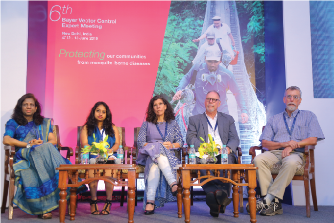 Dr Bangs as part of the session summary on ‘Advocacy’ at the 2019 Bayer Vector Control Expert Meeting held in Delhi, India. (L-R): Dr Roop Kumari (World Health Organisation, India), Rittika Dita (Asia Pacific Leaders Malaria Alliance), Dr Kayla Laserson (Bill & Melinda Gates Foundation), Dr Leo Braack (Malaria Consortium) and Dr Michael Bangs (International SOS).