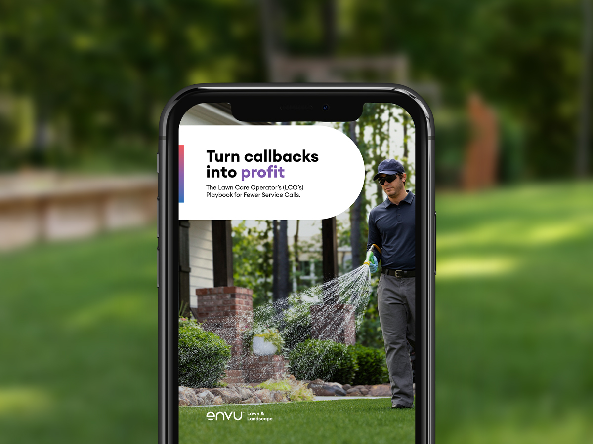 Guide titled Turn callbacks into profit The Lawn Care Operators LCOs Playbook for Fewer Service Calls displayed on a cell phone